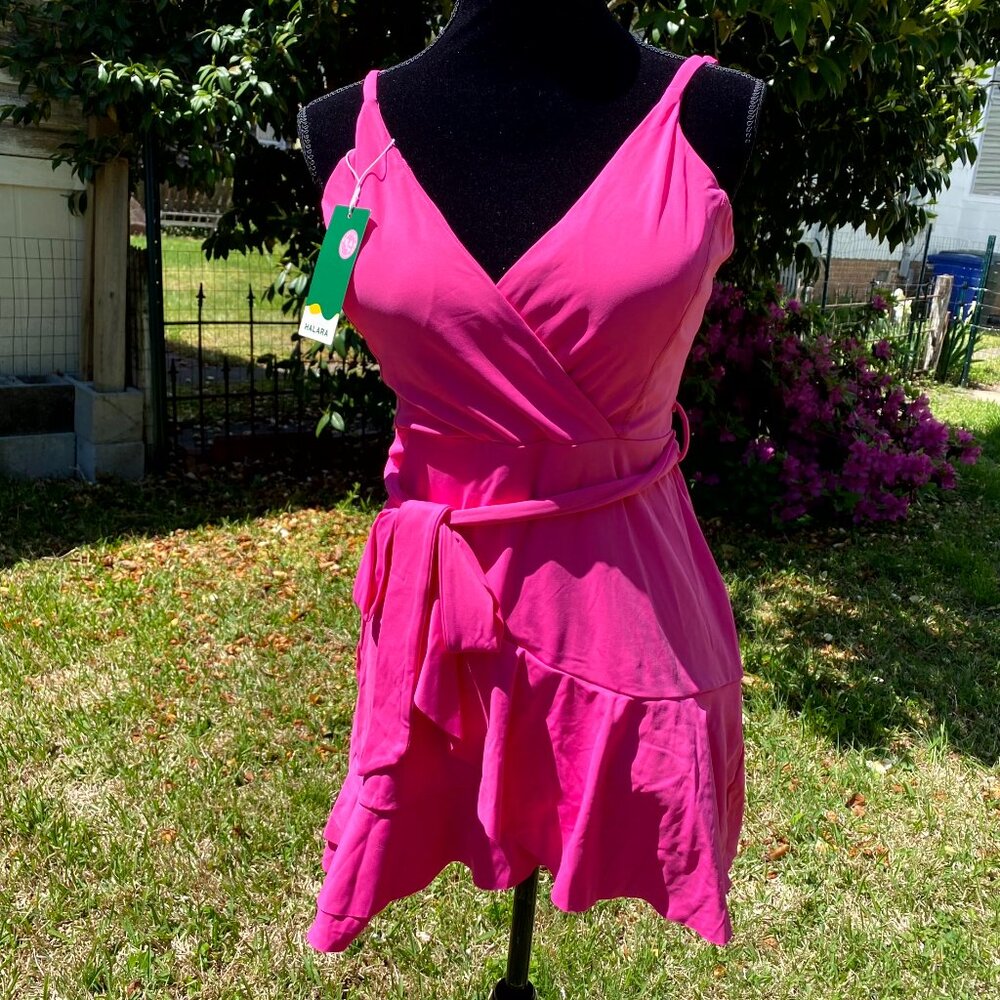 Ruffle V Neck Backless Side-Tie Mini Dress w/ Side Pocket & Separate Shorts